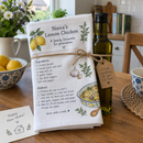 Recipe tea towel wrapped as a housewarming gift