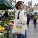 Linen name tote bag at a farmers' market