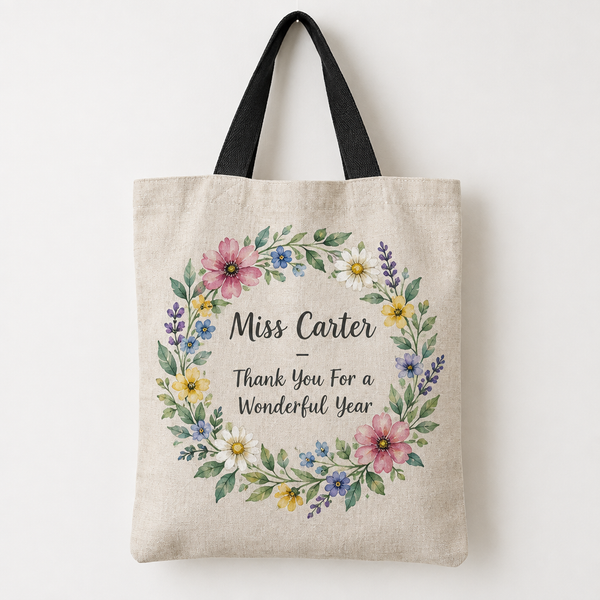 Personalised linen tote bag with a floral wreath and a thank-you message for a teacher