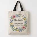 Personalised linen tote bag with a floral wreath and a thank-you message for a teacher