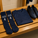 Personalised navy football socks with number laid out with boots and kit
