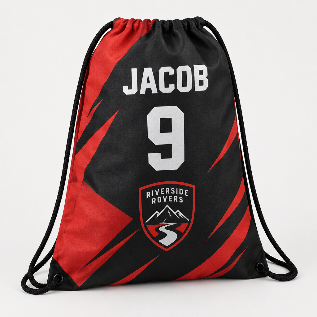Personalised Football Boot Bag – Drawstring with Name & Number – Polyester Kit Bag – Personalised football boot bag in red and black with name, number and team badge