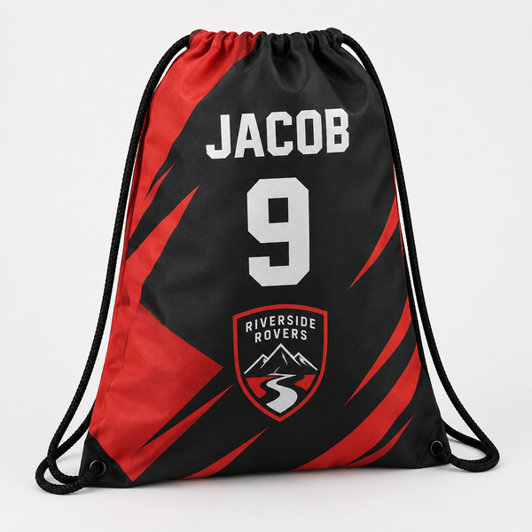 Personalised football boot bag in red and black with name, number and team badge