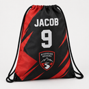 Personalised football boot bag in red and black with name, number and team badge