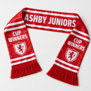 Custom football scarf in red and white satin with tassels, team name and badge