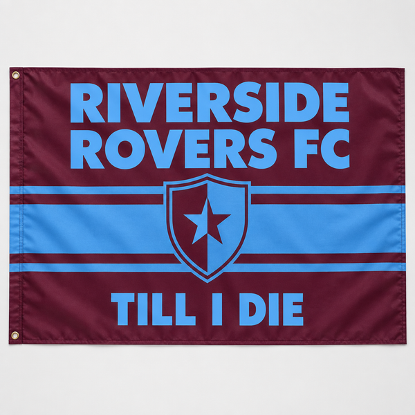 Custom stadium flag printed in claret and blue with team name, badge and slogan