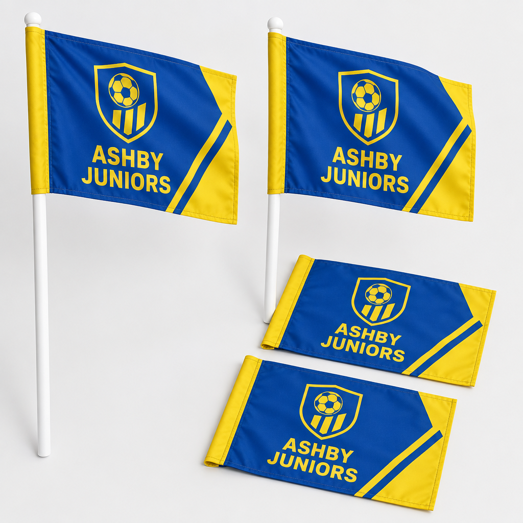 Custom Football Corner Flags – Set of 4 – Team Name & Colours, With or Without Poles – Set of 4 custom football corner flags in blue and yellow with team name and badge