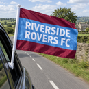 Custom football car flag with team name fluttering from a car window