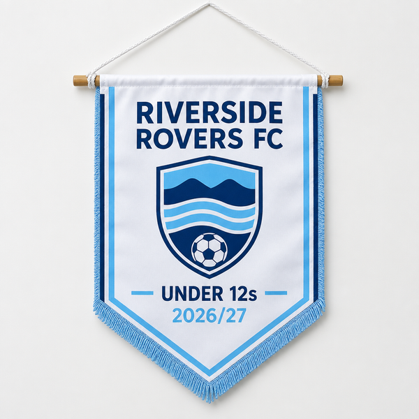 Personalised football team pennant with team name, season and badge on a bamboo stick