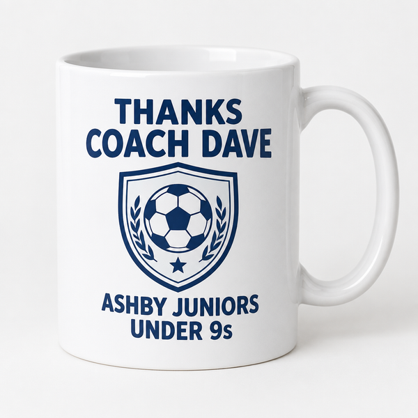 Personalised thank you coach mug in white ceramic with coach name and team message