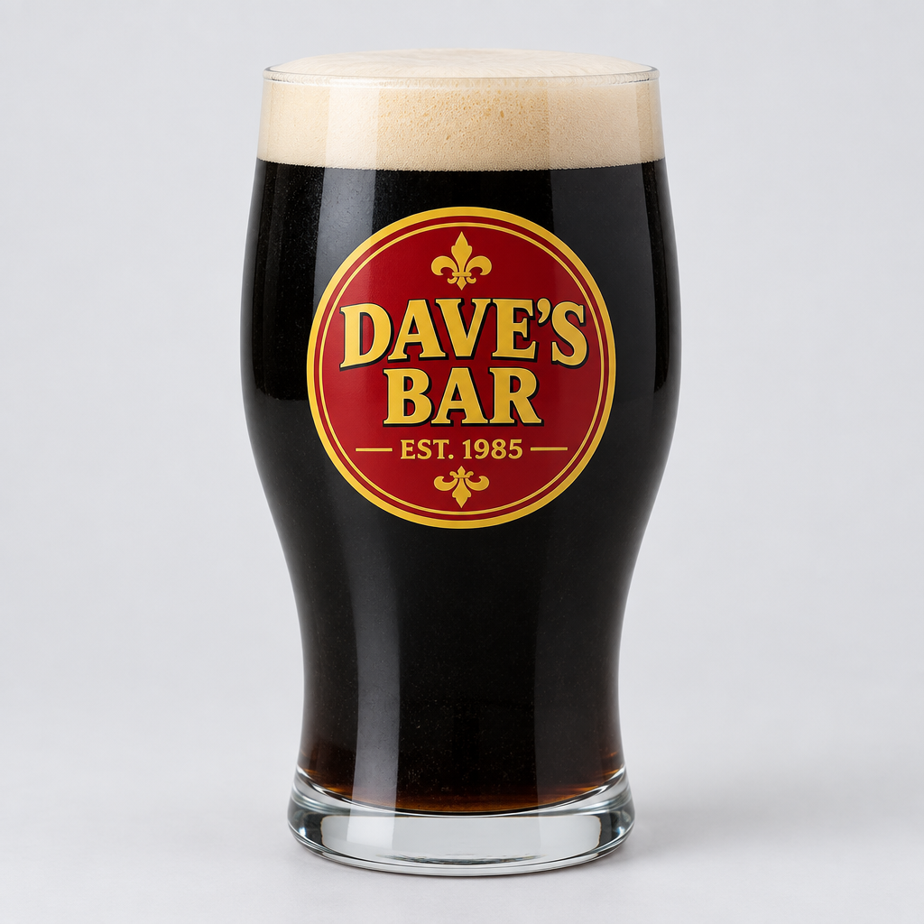 Personalised Stout Glass – Full Colour Name & Logo Print – Personalised stout glass with a full-colour Dave's Bar badge on a pale background