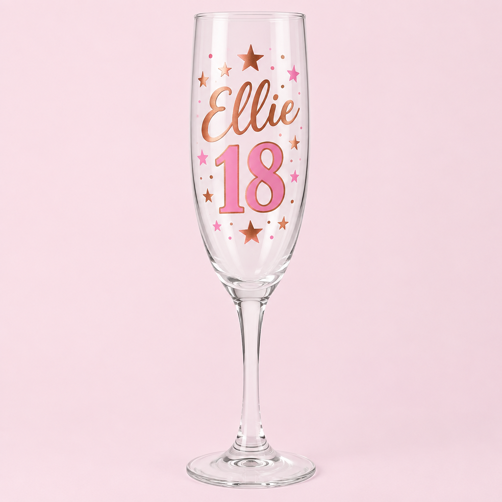 Personalised 18th Birthday Champagne Flute – Full Colour Name Print – Personalised 18th birthday champagne flute with Ellie and 18 in rose gold and pink