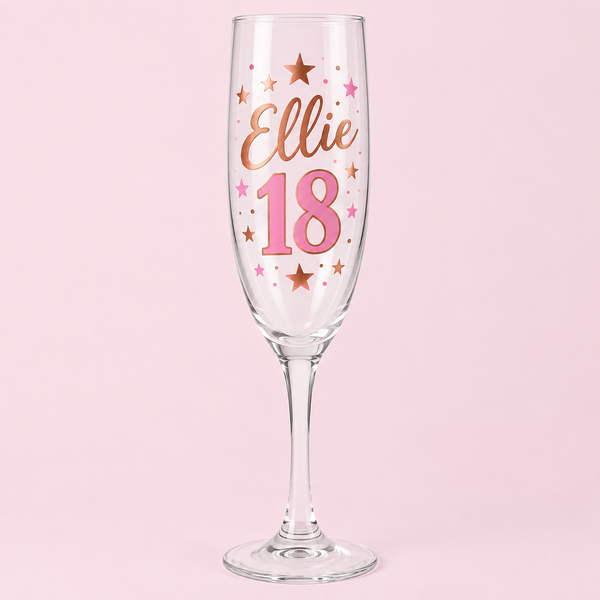 Personalised 18th birthday champagne flute with Ellie and 18 in rose gold and pink