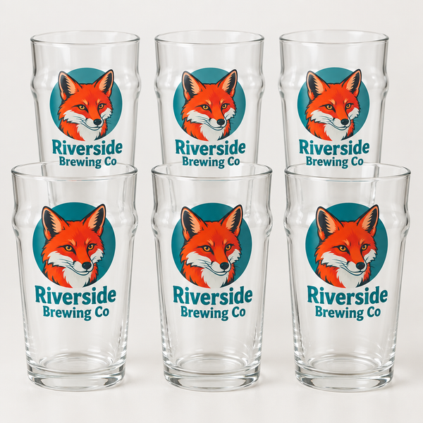 Six custom logo pint glasses printed with a full-colour brewery logo