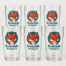 Six custom logo pint glasses printed with a full-colour brewery logo
