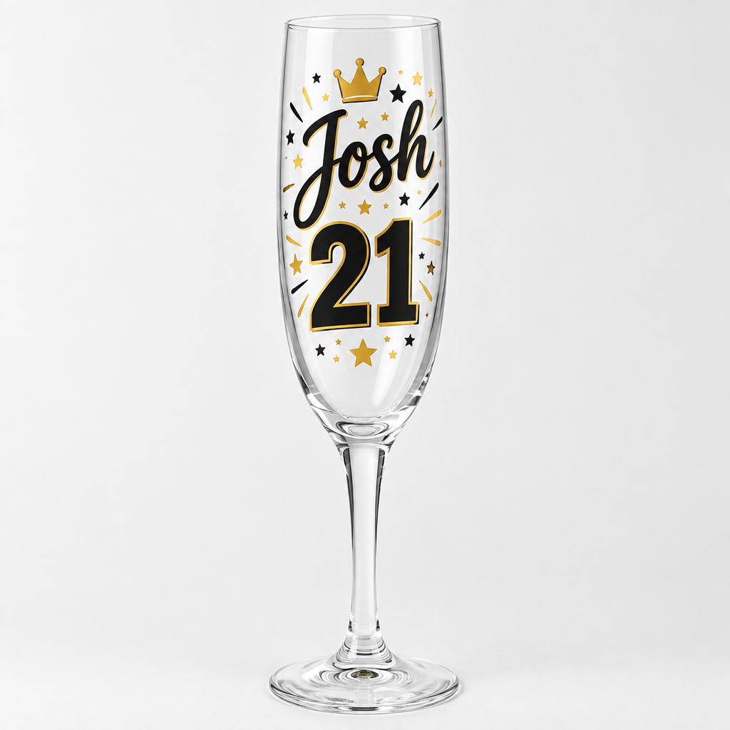 Personalised 21st Birthday Champagne Flute – Full Colour Name Print – Personalised 21st birthday champagne flute with Josh and 21 in black and gold