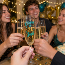 Flute printed Cheers to 21, Josh at a party with fairy lights