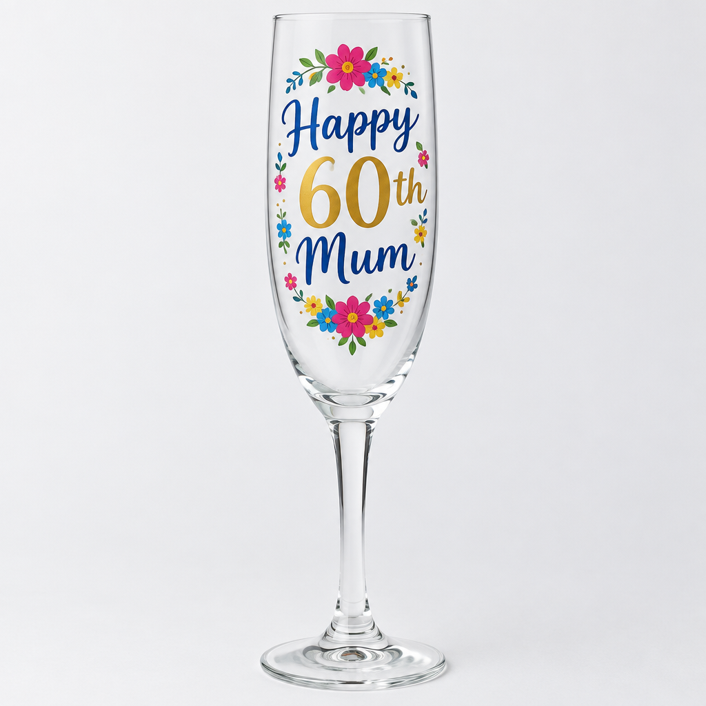 Personalised Milestone Birthday Champagne Flute – 30th to 80th – Personalised milestone birthday champagne flute printed Happy 60th Mum in full colour