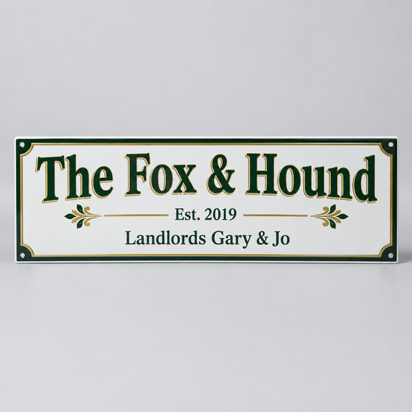 Personalised metal pub sign: panoramic aluminium sign reading 'The Fox & Hound, Est. 2019' with landlords' names