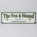 Personalised metal pub sign: panoramic aluminium sign reading 'The Fox & Hound, Est. 2019' with landlords' names