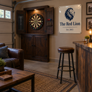 Man cave with a dartboard and a navy metal sign on the wall reading 'The Red Lion, Est. 2015'
