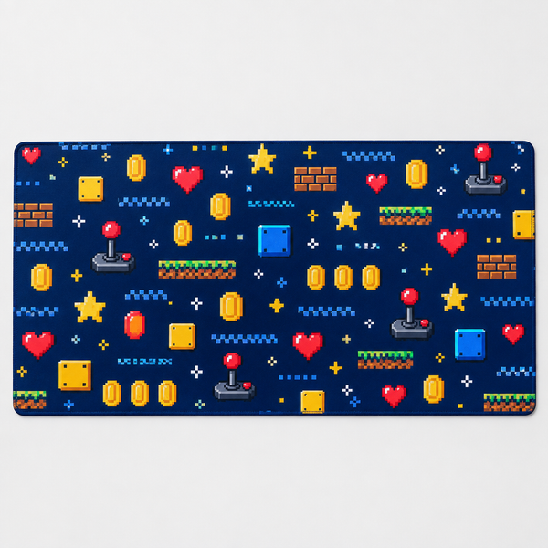 Retro pixel arcade gaming mat with 8-bit joysticks, coins and stars