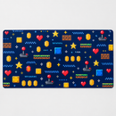 Retro pixel arcade gaming mat with 8-bit joysticks, coins and stars