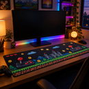 Pixel art desk mat in a games room with warm lamps