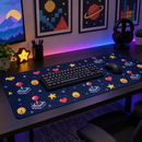 Pixel art desk mat under a keyboard and mouse on an RGB gaming desk
