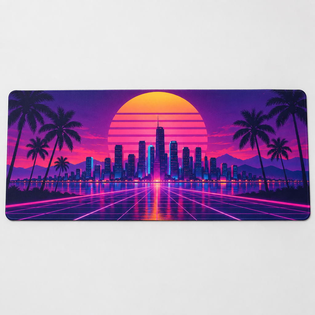 Neon Synthwave City Gaming Mat – Large Desk Mat with Retro Skyline – Neon synthwave city gaming mat with a skyline, palm trees and sunset