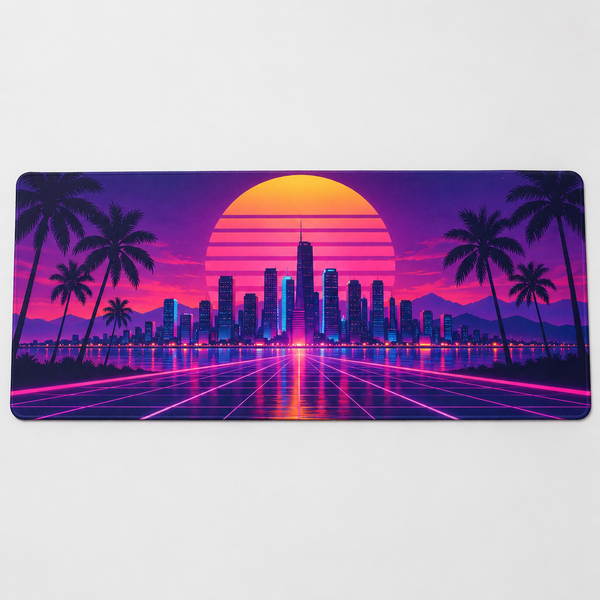 Neon synthwave city gaming mat with a skyline, palm trees and sunset