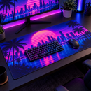Synthwave desk mat under a keyboard and mouse with pink and blue lighting