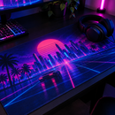 Close-up of a neon skyline desk mat with a headset resting on it