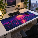 Neon skyline desk mat on a white desk in a minimalist gaming corner