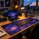 Purple galaxy desk mat on a student desk with a telescope by the window