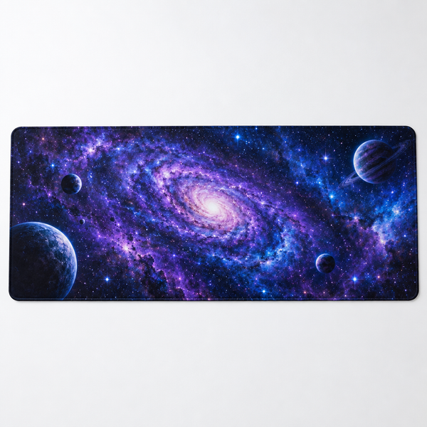 Space galaxy gaming mat with purple and blue nebula and stars