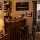 Living room home bar with a landlady plaque for 'The Rose & Crown'