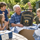 Grandad unwrapping a Father's Day hanging pub sign reading 'Grandad's Tavern, Est. 1985'