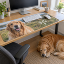 Desk mat with a dog photo in a home office with the dog asleep nearby