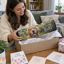 Pet photo desk mat being unwrapped as a birthday gift