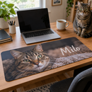 Desk mat with a tabby cat photo and the cat sitting on the desk