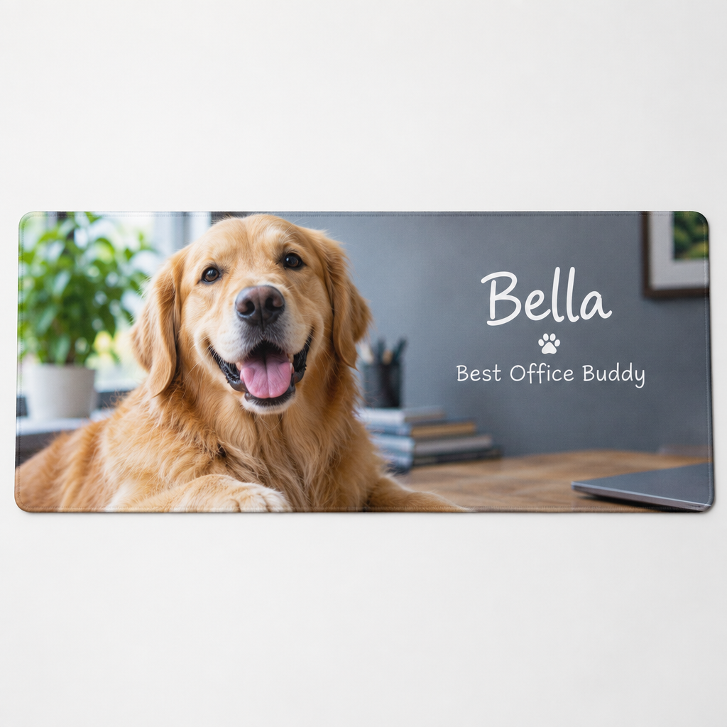 Personalised Pet Photo Desk Mat – Your Dog or Cat with Name & Message – Personalised pet photo desk mat with a golden retriever and the name Bella