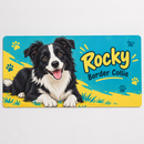 Personalised cartoon pet gaming mat with a border collie and the name Rocky
