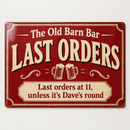 Personalised last orders home bar sign in red and cream for 'The Old Barn Bar' with a funny message