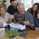 Man unwrapping a landlord plaque gift reading 'Ken's Bar, Est. 2026'