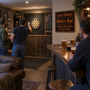 Man cave with a dartboard and a last orders sign for Mick's Bar