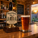 Shed home bar with a pump clip reading 'Shed Brew No. 1, Brewed by Gaz'