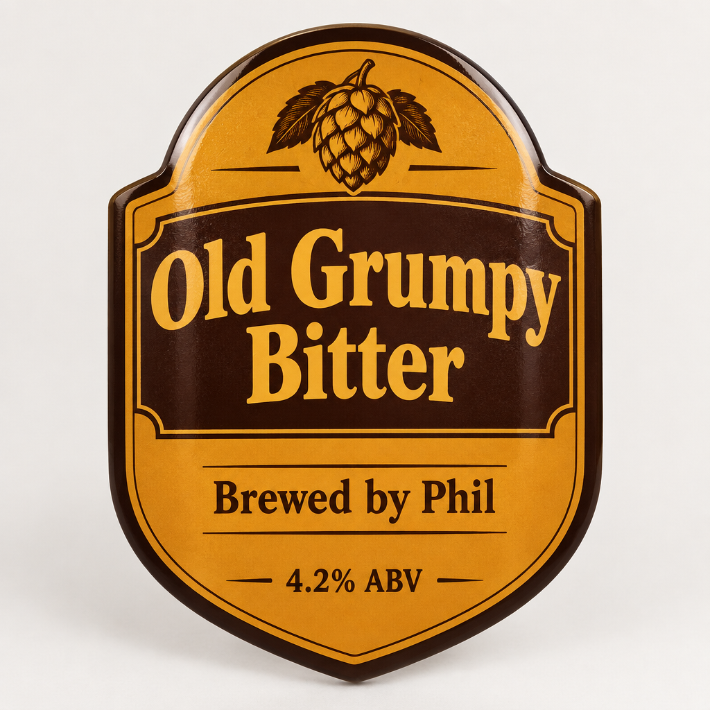 Personalised beer pump clip for 'Old Grumpy Bitter, Brewed by Phil, 4.2% ABV'