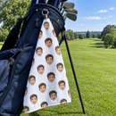 Personalised photo golf towel with a repeated face print on a golf bag