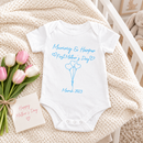 Personalised Mother's Day baby grow lifestyle photo with Mummy & Me Balloon design in blue, printed with baby's name